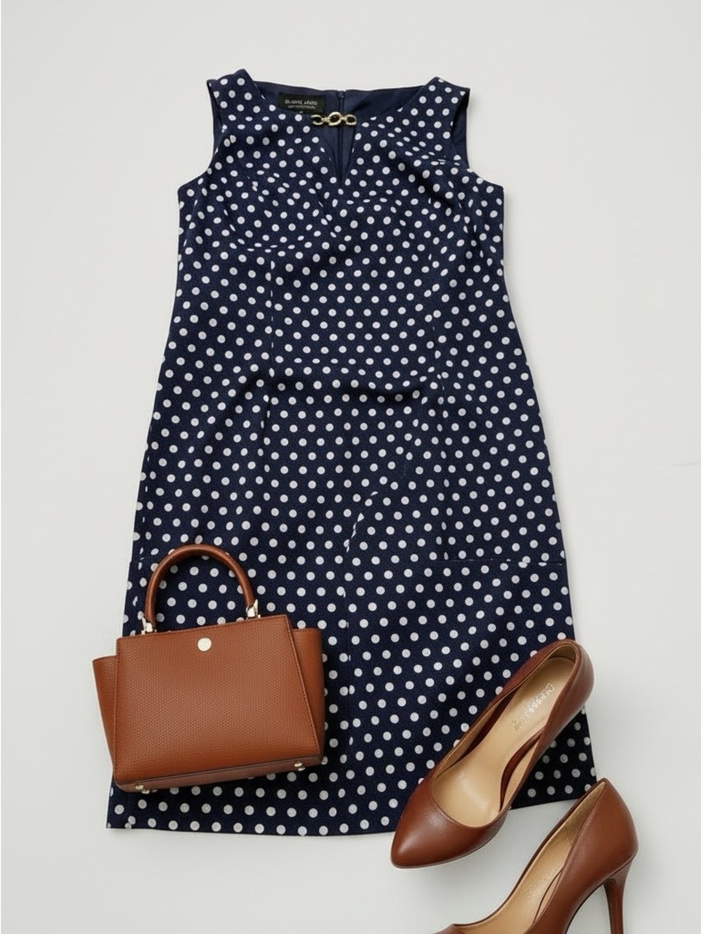 Evan Picone Navy and White Polka Dot Sheath Dress